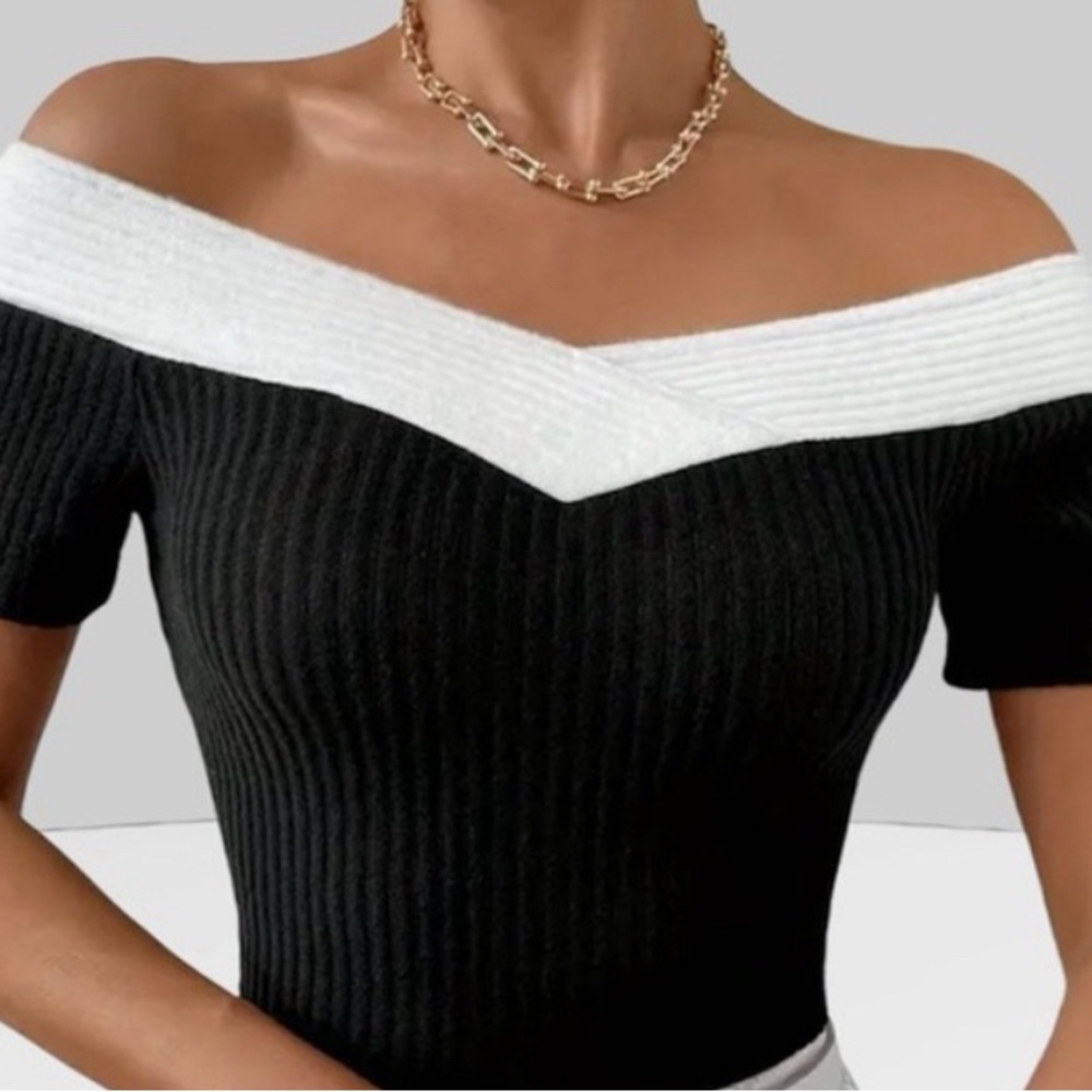 Black and White Off-Shoulder Ribbed Top